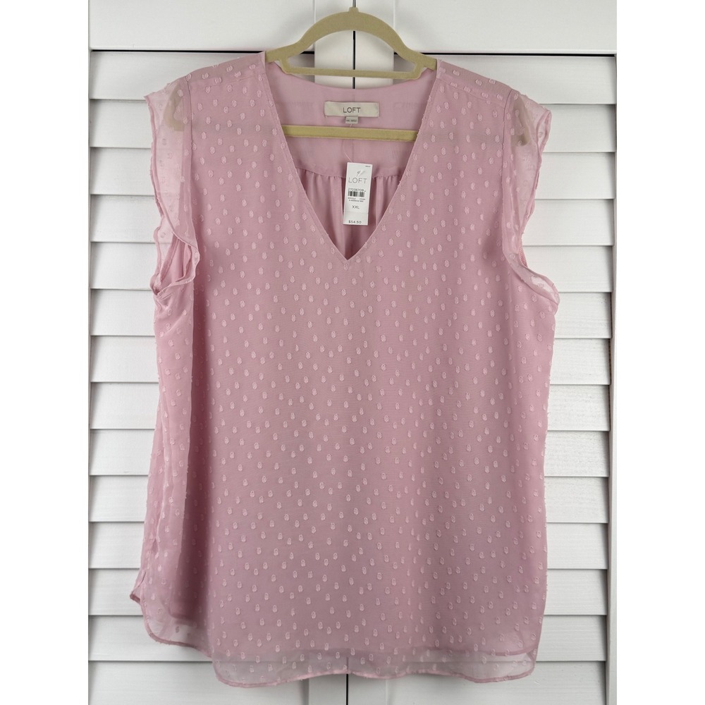LOFT Blouse XXL Pink Swiss Dot Flutter Sleeve V-Neck NEW